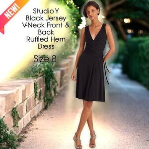 Studio Y Black Jersey V-Neck Front & Back Ruffled Hem Dress